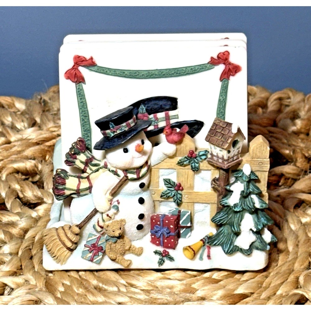 Snowman Family Drink Coaster Set of‎ 6 With Wood Box Holder